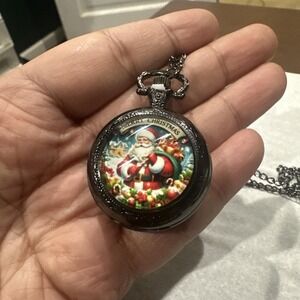 New Santa Claus Design Black 36mm Quartz Pocket Watch Christmas Holiday Gift USA